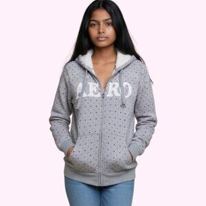 Y2K Aeropostale Grey Pink Hearts Sherpa Zip Up Hoodie Small Girly Streetwear